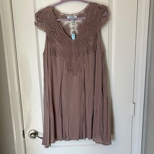 She and Sky Taupe Lace Mini Dress